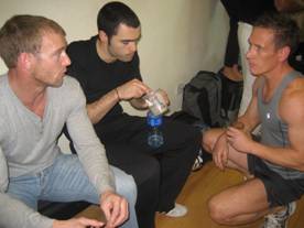 Aidy (right) talking to two members from his gym, Andy Lett (left) and Jamie Fraser
